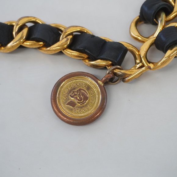Auth Chanel Belt Chain Belt Gold Metal Fittings Women's Leather Chain Belt Black - Picture 5 of 11